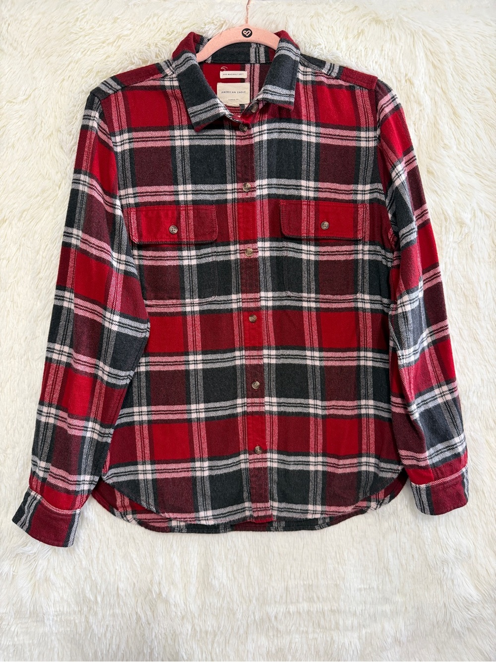 American Eagle Womens Plaid Flannel Shirt Size L Red Gorpcore Outdoorsy Soft